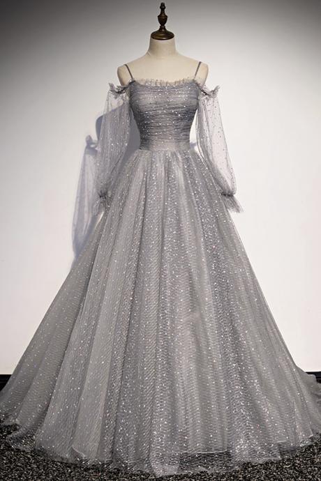 Gray tulle sequins long A line prom dress evening dress
