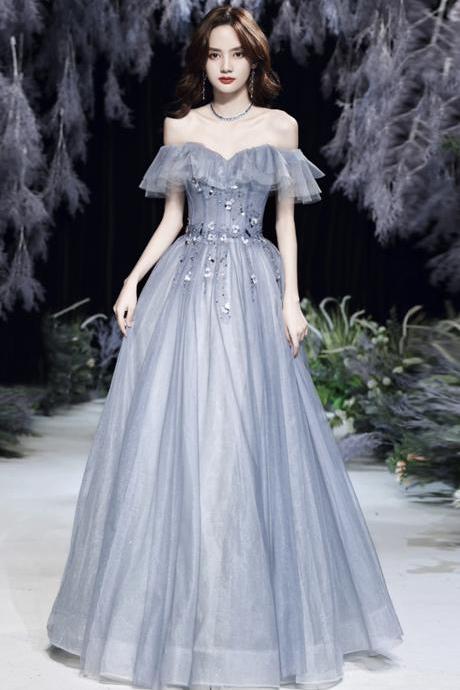 Gray Tulle Lace Long A Line Prom Dress Evening Dress