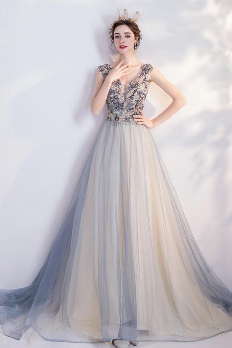 Elegant V Neck Tulle Long A Line Prom Dress Evening Dress