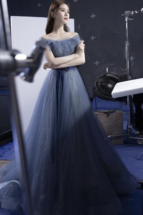Blue Tulle Sequins Long A Line Prom Dress Evening Dress