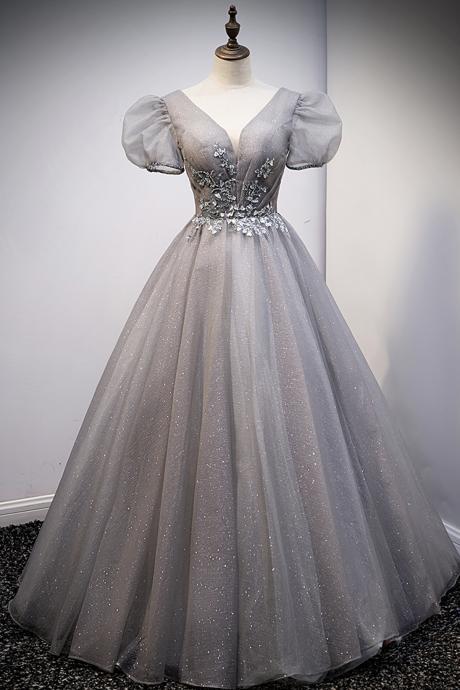 Gray V Neck Tulle Long A Line Prom Dress Evening Dress