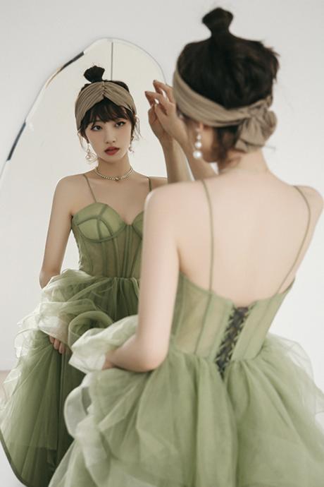 Green tulle long A line prom dress green evening dress