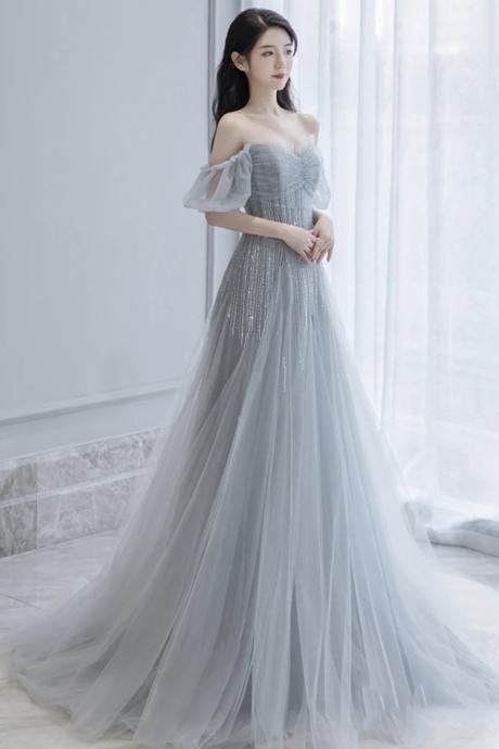 Gray Tulle Beads Long A Line Prom Dress Evening Dress