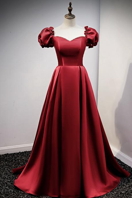 Burgundy Satin Long A Line Prom Dress Red Evening Dress