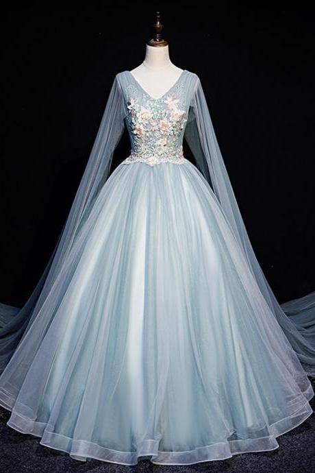 Blue V Neck Tulle Lace Long A Line Prom Dress Evening Dress