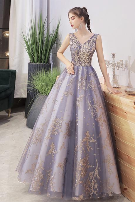 Stylish V Neck Tulle Sequins Long Ball Gown Dress