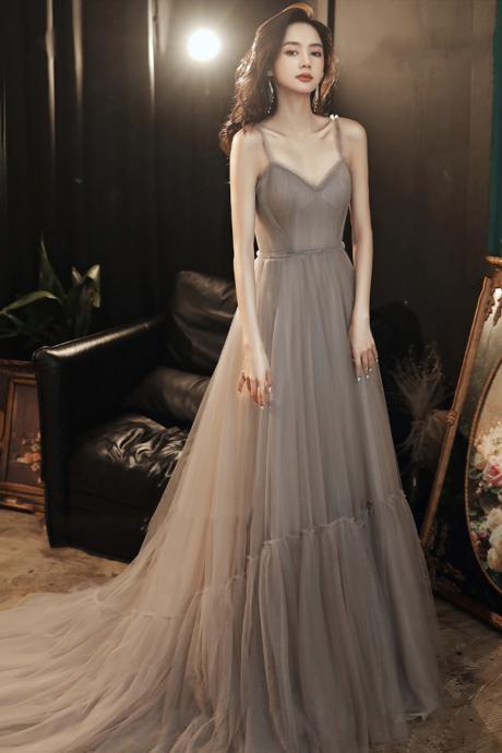 Stylish V Neck Tulle Long A Line Prom Dress Evening Dress