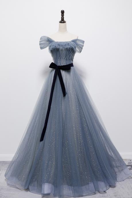 Bule Tulle Long A Line Prom Dress Blue Evening Dress