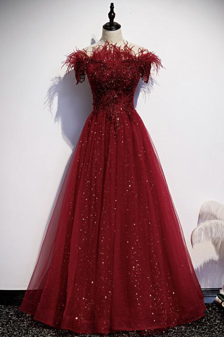 Burgundy Tulle Sequins Long A Line Prom Dress Evening Dress