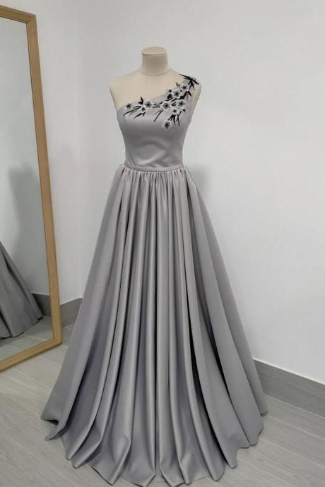 Gray Satin Long Prom Dress One Shoulder Evening Dress