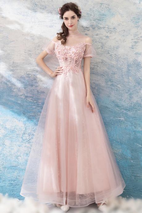 Pink Tulle Lace Long A Line Prom Dress Pink Evening Dress