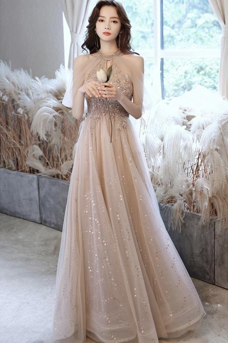 Champagne Tulle Sequins Long A Line Prom Dress Evening Dress