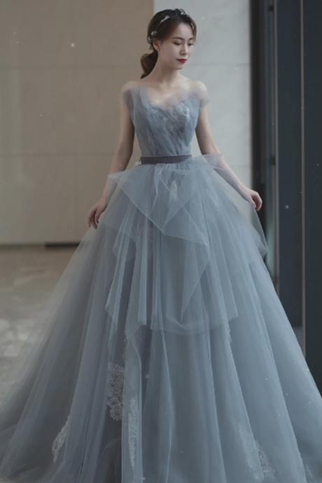 Gray Tulle Lace Long A Line Prom Dress Evening Dress