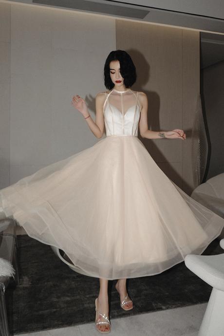 Cute Tulle See Through Short Prom Dress Champagne Evening Dress