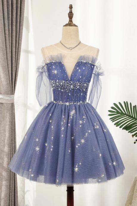 Blue Tulle Sequins Short A Line Prom Dress Party Dress