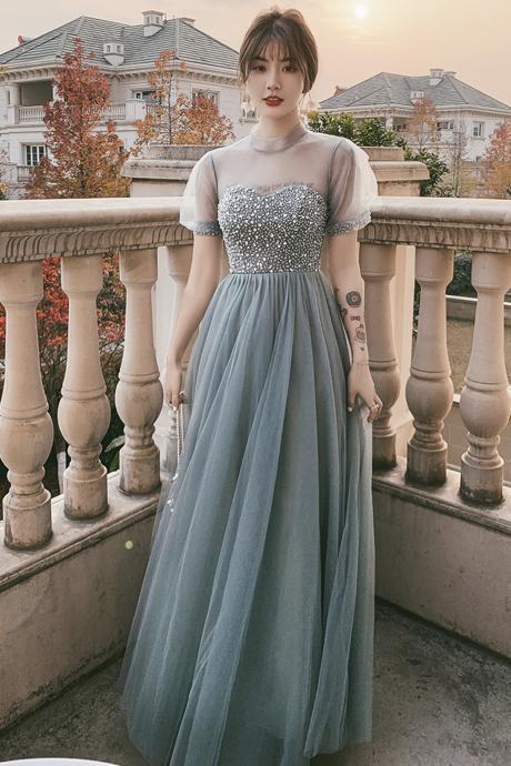Blue Tulle Beads Long A Line Prom Dress Evening Dress