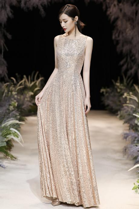 Champagne Sequins Long Prom Dress A Line Evening Dress