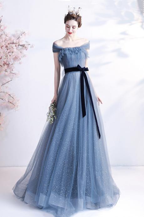Blue Tulle Long A Line Prom Dress Blue Evening Dress