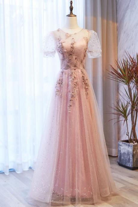 Pink Tulle Sequins Long A Line Prom Dress Pink Evening Dress