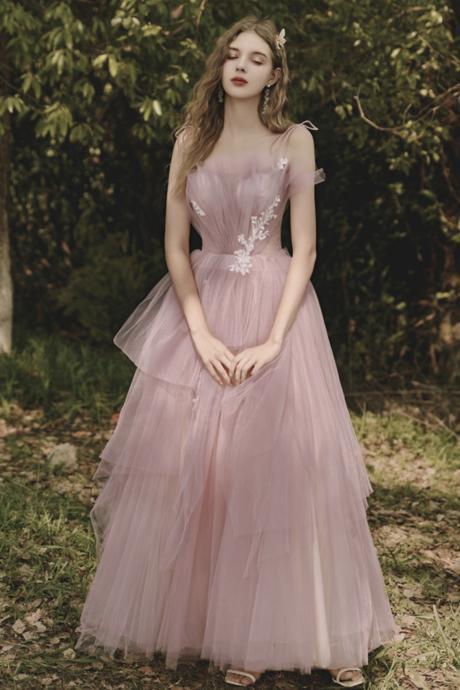 Pink Tulle Long A Line Prom Dress Evening Dress