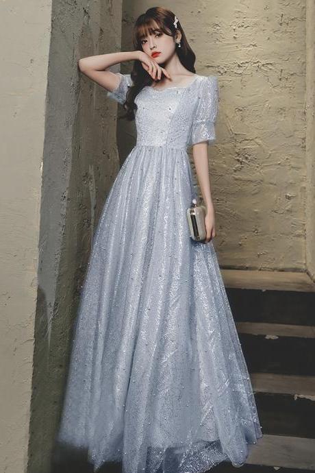 Gray Tulle Long A Line Prom Dress Gray Evening Dress