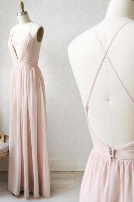 Pink V Neck Chiffon Long Prom Dress Pink Evening Dress