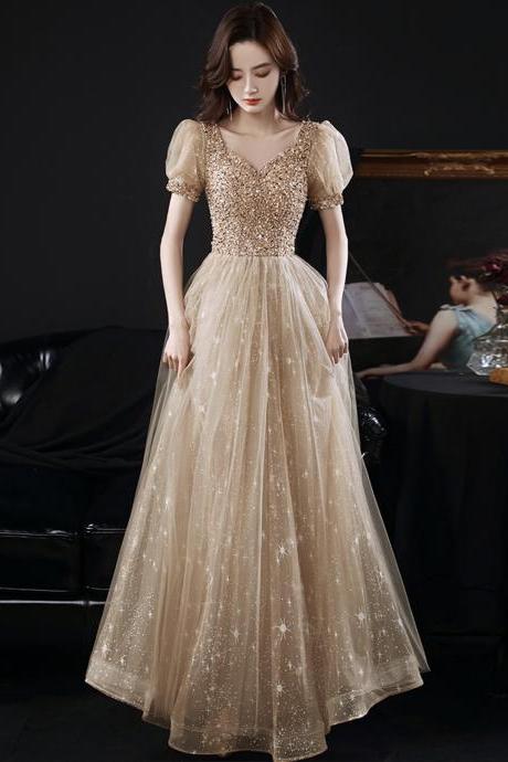 Champagne Tulle Beads Long A Line Prom Dress Evening Dress