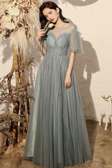 Blue Tulle Beads Long A Line Prom Dress Evening Dress