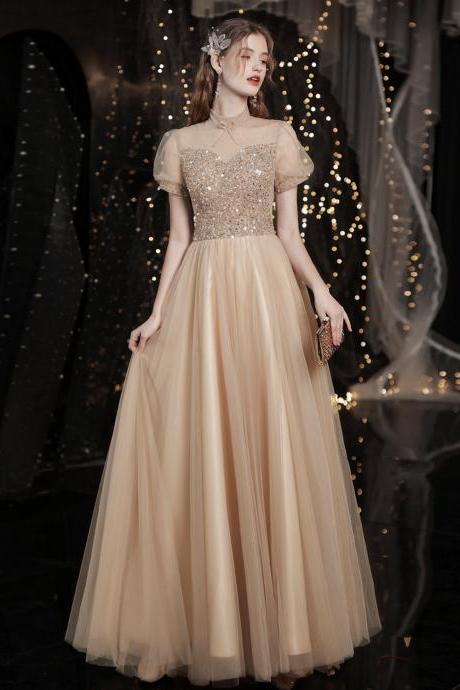 Gold Tulle Sequins Long A Line Prom Dress Evening Dress