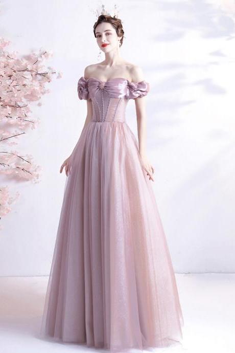 Pink Tulle Long A Line Prom Dress Pink Evening Dress