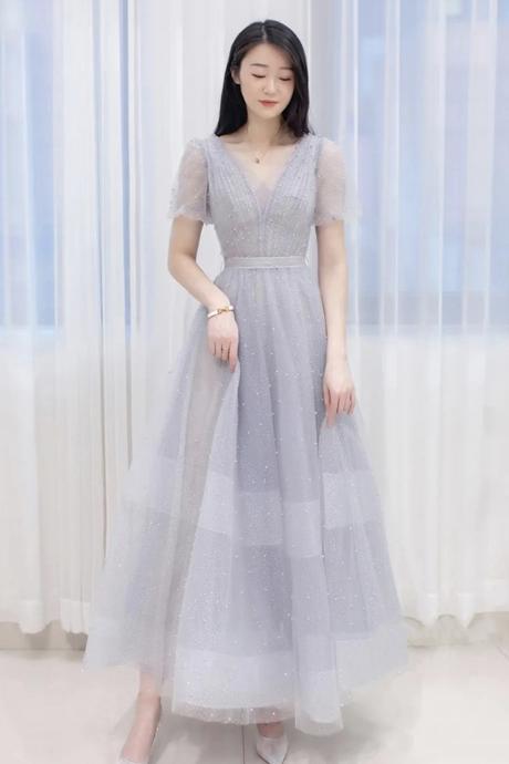Cute V Neck Tulle A Line Prom Dress Evening Dress