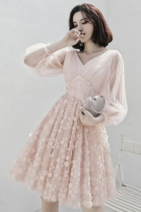 Pink V Neck Tulle Short A Line Prom Dress Evening Dress