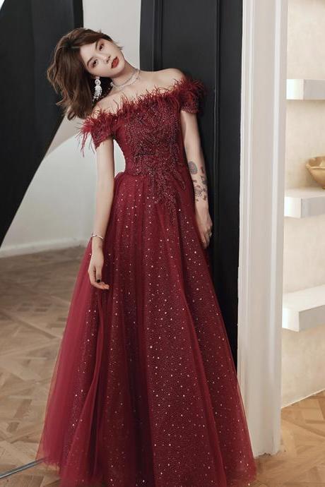 Burgundy Tulle Lace Long A Line Prom Dress Evening Dress