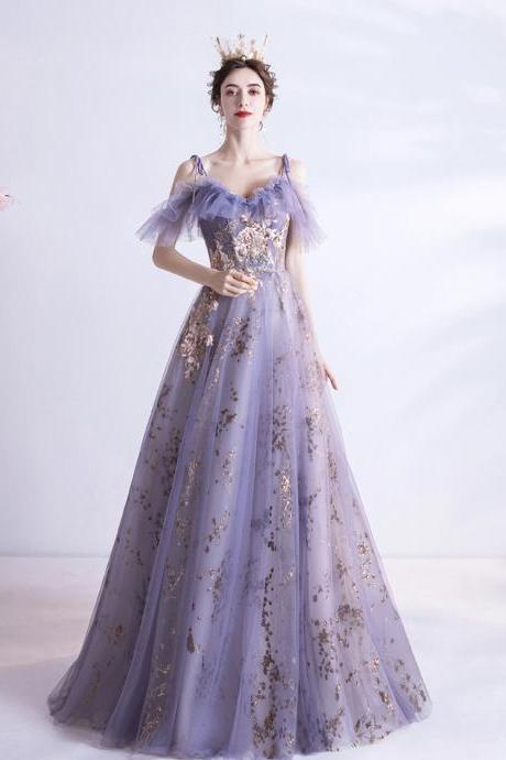 Purple Tulle Sequins Long A Line Prom Dress Evening Dress