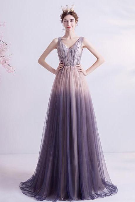 Purple Gradient Tulle Long A Line Prom Dress Evening Dress