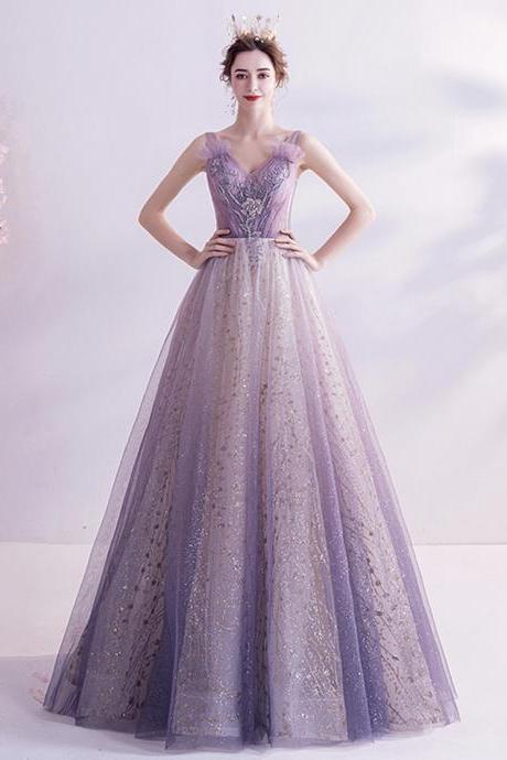 Purple tulle long A line prom dress evening dress