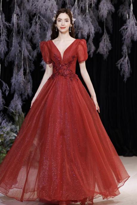 Red V Neck Tulle Long A Line Prom Dress Evening Dress