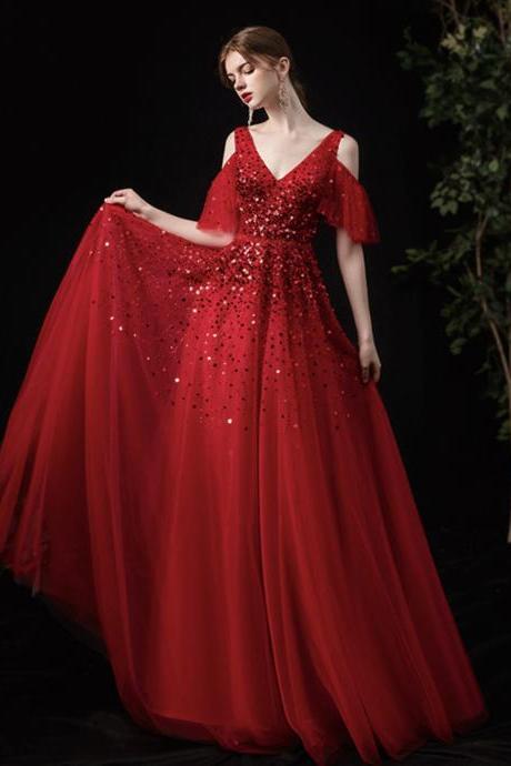 Red Tulle Sequins Long A Line Prom Dress Red Evening Dress
