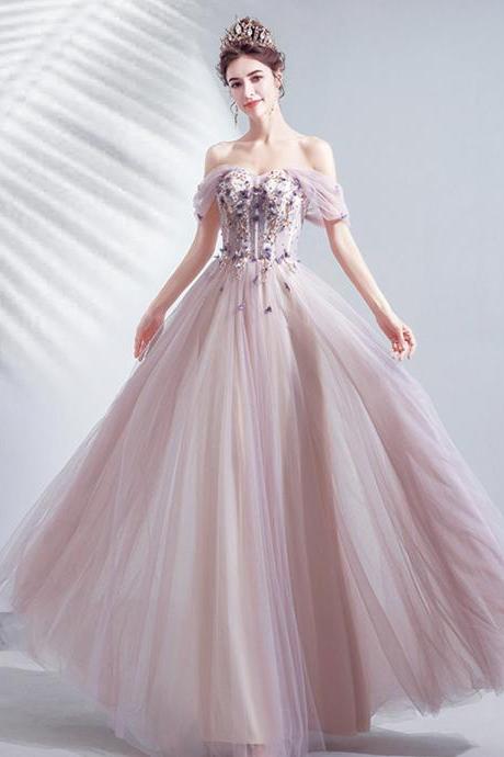 Cute Tulle Applique Long A Line Prom Dress Evening Dress