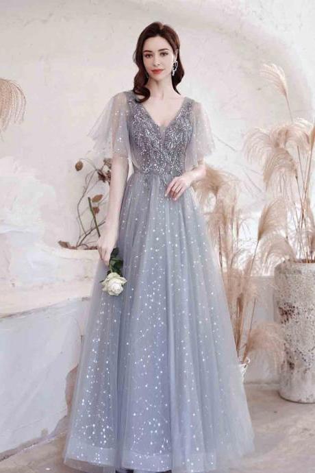 Gray Tulle Sequins Long A Line Prom Dress Evening Dress