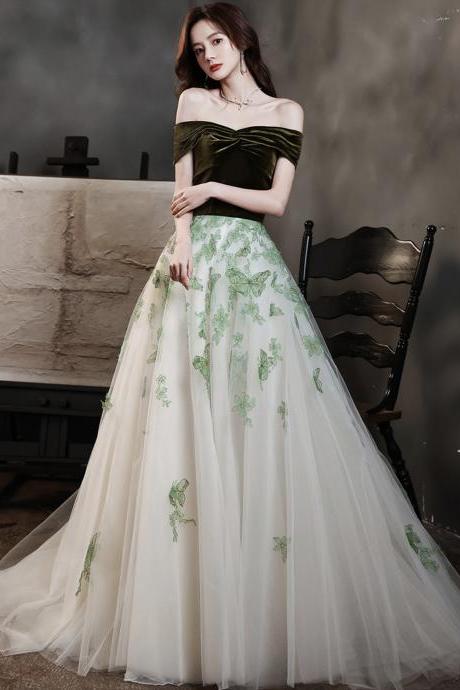 Green Velvet Tulle Long A Line Prom Dress Evening Dress
