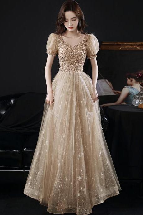 Gold Tulle Beads Long A Line Prom Dress Evening Dress