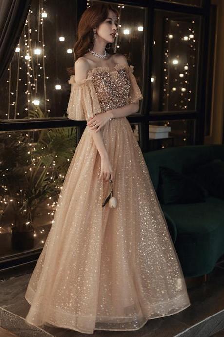 Gold Sequins Long A Line Prom Dress Evening Dress