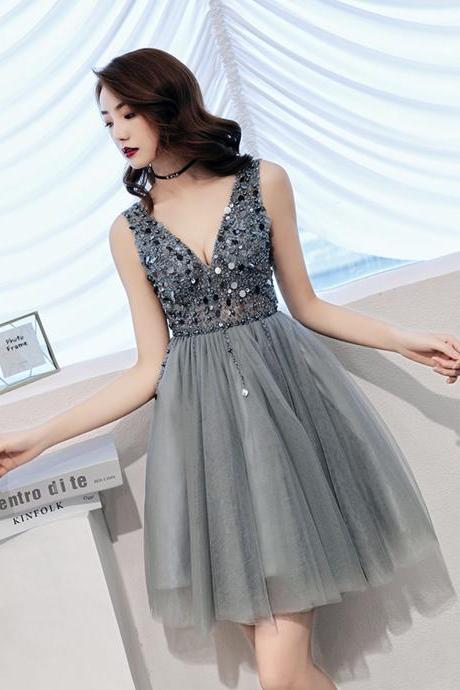 Gray Tulle Beads Short Prom Dress Fashion Dress