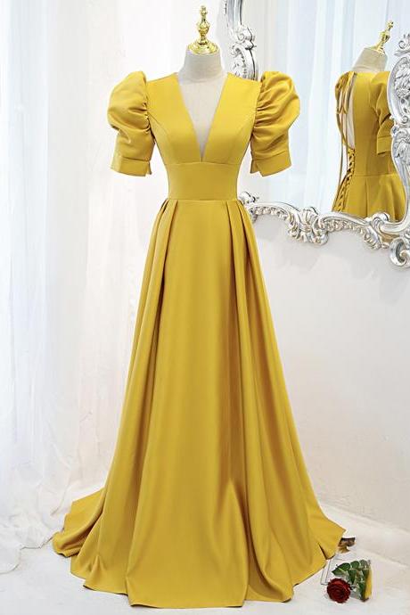 Yellow Satin Long A Line Prom Dress Evening Dress