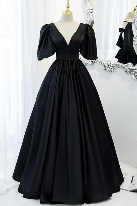Black V Neck Satin Long A Line Prom Dress Evening Dress