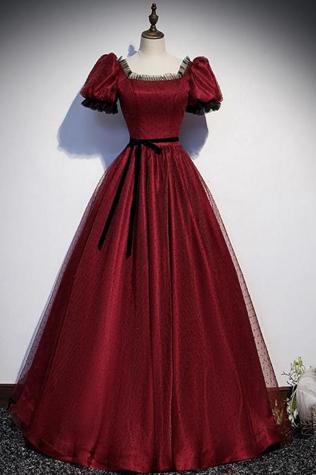Burgundy Tulle Long A Line Prom Dress Evening Dress