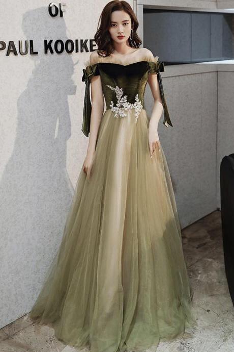 Green Velvet Tulle Long A Line Prom Dress Evening Dress