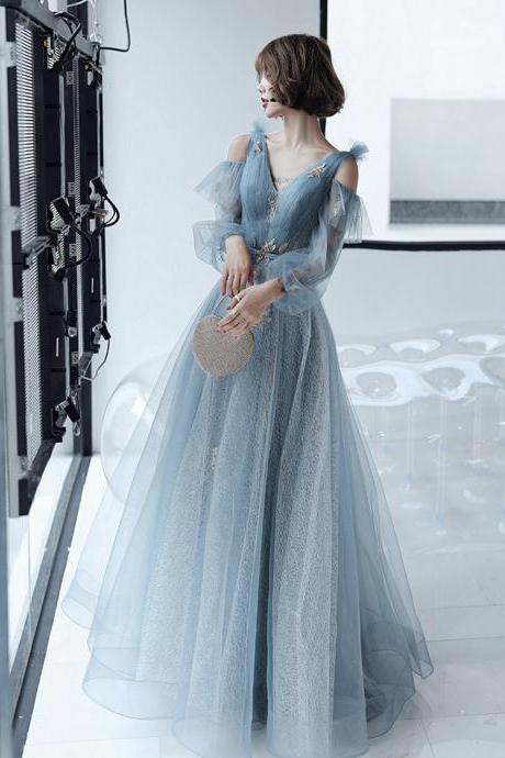 Blue Tulle Lace Long A Line Prom Dress Evening Dress