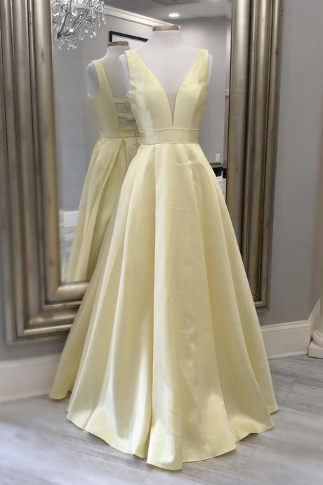 Yellow Satin Long A Line Prom Dress Simple Evening Dress